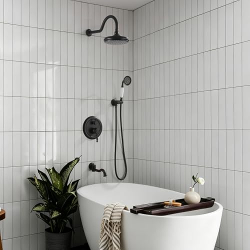 Shower Systems with Handheld Sprayer,3 Functions Shower Faucet Sets Wall Mounted,Shower Fixture with Brass Valve,Complete Shower System Kit with Foldable Tub Spout (Matte Black) - color: Matte Black