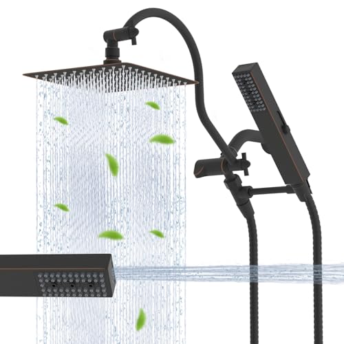 Hibbent All Metal cUPC Certified Shower Head, 10'' High Pressure Rainfall Showerhead Combo, Handheld Shower Wand, 12'' Adjustable Extension Arm, 4-Spray, 71'' Hose, Shower Holder, Oil Rubbed Bronze - color: Oil Rubbed Bronze, style: Square 10''