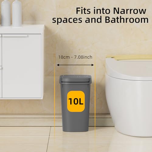 KSSKSS 3 Pack Bathroom Small Trash Can with Lid, 2.6 Gallon Slim Garbage Bin with Pop-Up Lid, 10L Plastic Wastebasket for Bedroom, Office, Kitchen, Toilet (Gray) - color: Gray-included Trash bags