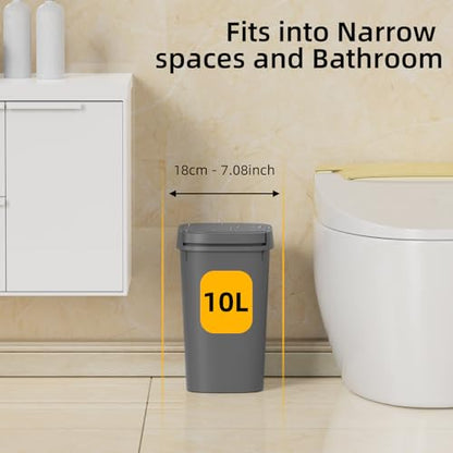KSSKSS 3 Pack Bathroom Small Trash Can with Lid, 2.6 Gallon Slim Garbage Bin with Pop-Up Lid, 10L Plastic Wastebasket for Bedroom, Office, Kitchen, Toilet (Gray) - color: Gray-included Trash bags