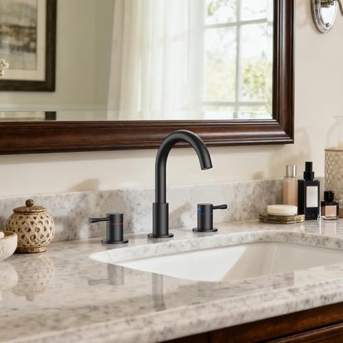 FORIOUS Bathroom Faucet 3 Hole, 360° Swivel 8 Inch Sink Faucet Matte Black | with Pop Up Drain, 2 Handles,for Sink Vanity RV Lavatory Farmhouse, 304 Stainless Steel, Lead-free, Leakproof - color: Matte Black