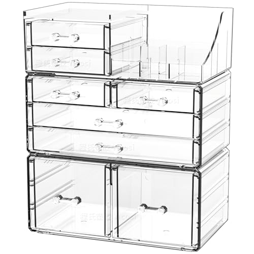 Cq acrylic 3 Pack Clear Makeup Organizer Countertop,Stackable 8 Drawers Skin Care Organizer,Cute Make Up Organizers for Vanity Jewelry,Hair Accessory,Beauty,Skin Care,Skincare Product Desk Storage - size: 8 Drawers-Set of 3