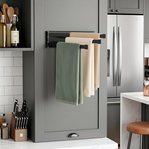Swing Towel Holder Rack Matte Black | Wall Mounted Towel Bar, Swivel with 3-Arm for Bathroom Kitchen Storage
