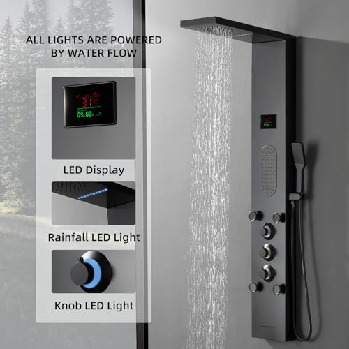 BWE LED Shower Panel,Black Rainfall Shower Panel Tower System | Stainless Steel Shower Tower with Massage Body Jets Tub Spout Wall Mounted Shower Fixtures with Temperature Display