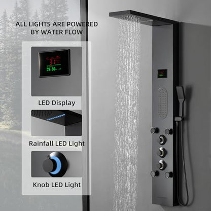 BWE LED Shower Panel,Black Rainfall Shower Panel Tower System | Stainless Steel Shower Tower with Massage Body Jets Tub Spout Wall Mounted Shower Fixtures with Temperature Display