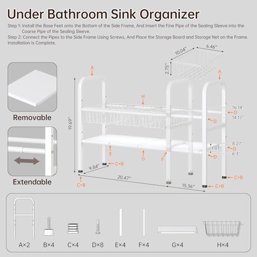 2 Tier Under Sink Organizer Expandable Length/Height Adjustable Heavy | removable panels & baskets, 150% capacity boost, 50lb steel, anti-wobble feet, fits kitchen/bath/laundry, easy set up