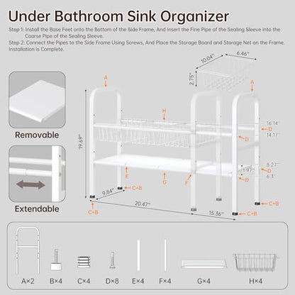 2 Tier Under Sink Organizer Expandable Length/Height Adjustable Heavy | removable panels & baskets, 150% capacity boost, 50lb steel, anti-wobble feet, fits kitchen/bath/laundry, easy set up