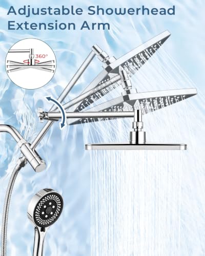 Shower Head with Handheld,High Pressure Chrome Rain Shower Head | Regaderas Para Shower,11.8" Rectangular,Rainfall Shower Head,Dual Shower Head,Bathroom Decor,Extension Arm,7 Spray Mode - color: B-Chrome, style: Rectangular 12"