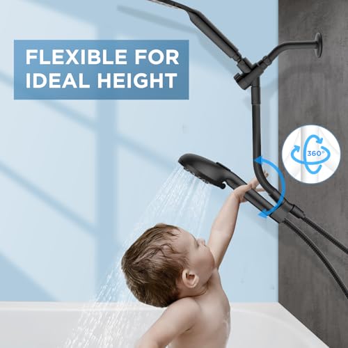 MakeFit Dual Handheld Shower Head Combo, 2-in-1 Rain Shower Heads System 8 Inch Rainfall Shower Head and 10 Modes High Pressure Hand Held Showerhead with Built-in Power Wash - color: Black, size: 8 Inch Standard