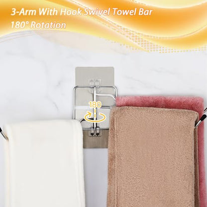 HOMOTEK Swivel Towel Rack Adhesive Stainless Steel Towel Hanger 3-Arm Towel Bar, Space Saving Towel Holder Rack for Bathroom Kitchen, Brushed Finish 1 Pack
