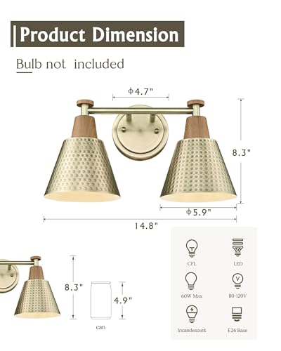 FEMILA 2 Light Bathroom Vanity Light Fixtures Over Mirror, Modern Brass Gold Bathroom Lighting Fixtures with Metal Shades, Woodgrain Finish, 4FG59B-2W BG-NW - color: Brass Gold & New Woodgrain, size: 15"
