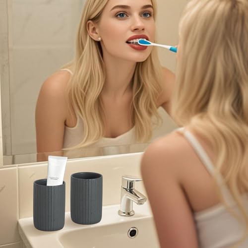 Ceramic Bathroom Tumbler, Ribbed Bathroom Toothbrush Holder Cups, Tooth Brush Holder Set, Reusable Toothbrush Mouthwash Cup, Toothpaste Holder Toothbrush Organizer for Bathroom Counter - color: Gray