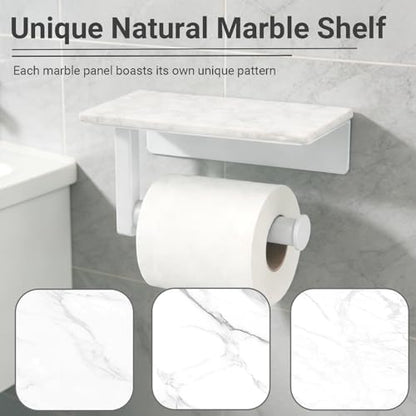 Toilet Paper Holder with Natural Marble Shelf, Wall Mounted Tissue Holder, Modern and Durable Bathroom Accessory for Bathroom Washroom (White) - color: White