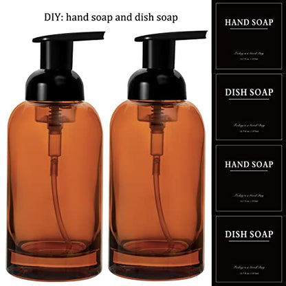 2 Pack Foaming Soap Dispenser, 12.7 Oz Thick Glass Pump, Amber | Refillable Foam Soap Bottles for Hand Soap and Body Wash, Ideal for Bathroom Countertop, Kitchen Sink and More - color: Amber