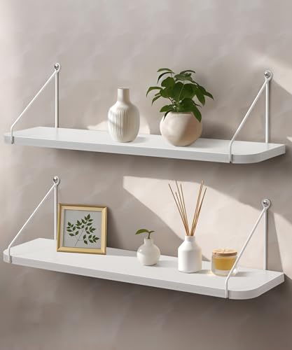 Afuly White Floating Shelves for Wall, 24in Shelf with Brackets, Set of 2 | Long Hanging Bookshelf, Plants Photos Display, Organizer Modern, for Bathroom, Kitchen, Living Room, Bedroom, Home Decor - color: White, size: 5.9"D x 24"W
