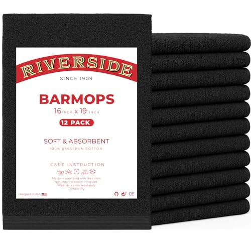 RIVERSIDE Bar Mop Towels Pack of 12, 16x19 Inches, 100% Ring Spun Cotton Terry Cloth Kitchen Towel, Highly Absorbent & Reusable Multipurpose Cleaning Rags for Bathroom, Hotel, Restaurant, Black - color: Black, size: Bar Mop (PK 12)