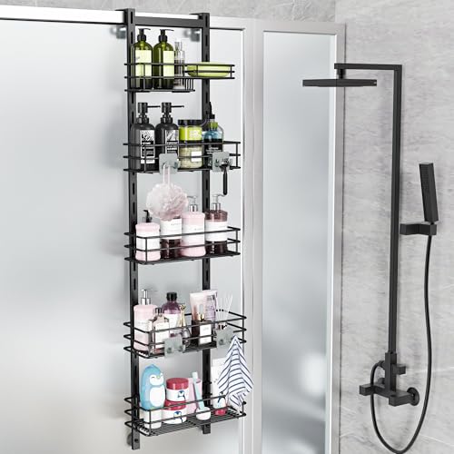 Orimade Over the Door Shower Caddy Adjustable 5 Tier Black,Bathroom Hanging Organizer Shelf Rustproof with 4 Hooks,Shower Basket with Soap Holder and Suction Cup - color: Black-5T