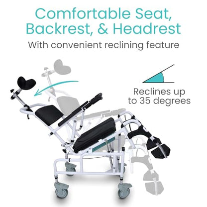Vive Reclining Shower Chair with Wheels - Commode Wheelchair for Seniors, Disabled & Handicap - Padded Transfer Rolling Chairs w/Arms - Portable, Waterproof Shower Chair - Reclines for Easy Hair Wash | Disabled & Handicap - Padded Transfer Rolling Chairs