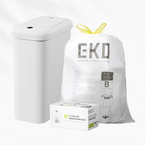 EKO Small Automatic Trash Can Starter Set - Includes 2.6 Gallon Slim Touchless Bathroom Garbage Bin Plus 80-Count of 2.6 Gallon Extra-Strong Drawstring Small Trash Bags