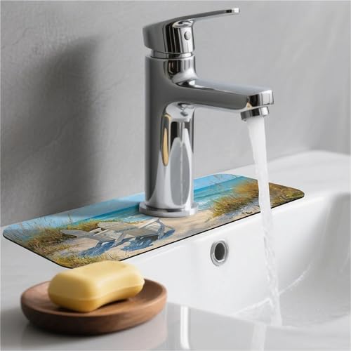 Kitchen Sink Splash Guard，Beach-scene Faucet Mat Sink Gadgets-Super Absorbent Fast Drying Mat Drip Catcher for Kitchen, Bathroom,Sink Mat, Dish Drying Mat, Bathroom(15" X 5.5" ) - color: Beach-scene