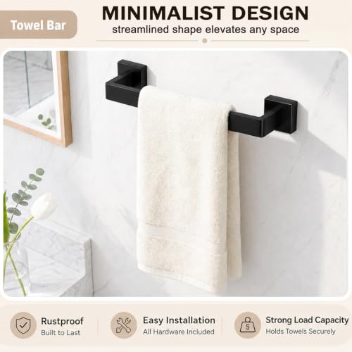 5-Piece Matte Black Bathroom Accessorys Stainless Steel Towel Bar Set | Square with Toilet Paper Holder Towel Ring Hook and Towel Racks for Bathroom Wall Mounted Bathroom Hardware Set - color: Matte Black