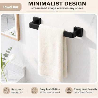 5-Piece Matte Black Bathroom Accessorys Stainless Steel Towel Bar Set | Square with Toilet Paper Holder Towel Ring Hook and Towel Racks for Bathroom Wall Mounted Bathroom Hardware Set - color: Matte Black