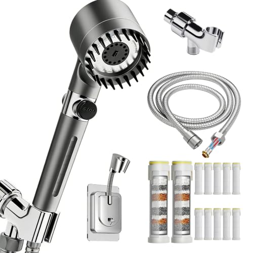 High Pressure Filtered Shower Head with Handheld for Hard Water | Ion Shower Head with 12 Replaceable Water Softener Filters,78" Anti-Burst Hose,Adjustable Bracket,4 Spray Modes,ON/OFF Switch