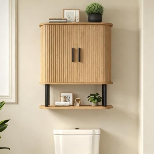 Fluted Bathroom Wall Cabinet, Wall Mounted Medicine Cabinet with Sliding Tambour Door & Adjustable Shelf, 3-Tier Over the Toilet Storage Cabinet for Laundry Room, Kitchen, Natural - color: Natural