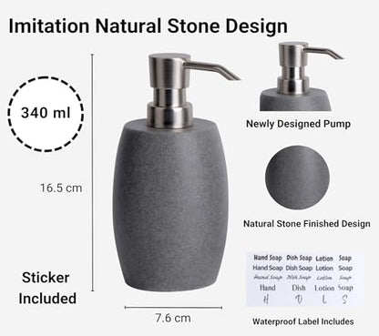 Clasin Home Sandstone Textured Resin Soap Dispenser with Metallic Pump and Waterproof Bottle Labels for Bathroom Kitchen Dish Hand Wash Shower Lotion Shampoo, 12 Oz, 2 Sets Gray - color: Dark Gray_2 Pcs