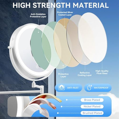Auxmir 9″ 5000mAh 1X/30X Wall Mounted Lighted Magnifying Makeup Mirror | Power Adapter&2 Tweezers Included/ 3 Dimmable Colors/ Dual Sided Button Control/ Rechargeable/ 360° Rotation Extended Arm - color: 9'' 30x-white+adapter