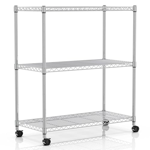 Simple Deluxe 3-Tier Heavy Duty Storage Shelves 750Lb Capacity, 24.02" D x 13.78" W x 29.92" H Adjustable Shelving Unit with Wheels, Chrome - color: Chrome, size: 3-Tier