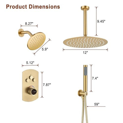 MONDAWE 12 Inch Ceiling Mounted Brushed Gold Shower System, 3-Functions Shower Faucet Set with Rainfall Dual Shower Head and High Pressure Handheld Spray, All Function Can be Used At the Same Time - color: Brushed Gold