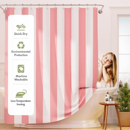 AmazerBath Pink Vertical Stripes Shower Curtain, Cute Pink Stripe Bathroom Shower Curtain with 12 Shower Curtain Hooks, Rustic Fabric Pink and White, 72x72 Inches - color: A- Pink Vertical Stripes+12 Metal Hooks, size: 72"W x 72"L (Pack of 1)
