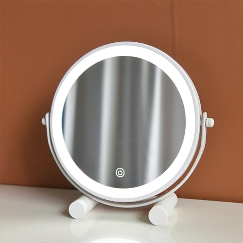 YEKKOPT Travel Vanity Mirror with Lights, 8" Small LED Makeup Mirror with Lights,360°Rotation Dimmable Portable Desk Round Mirror for Dressing Room & Bedroom,Folding Stand, White - size: 8"x8"