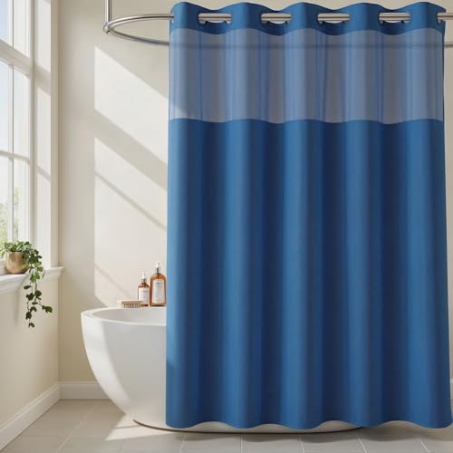 River Dream No Hook Fabric Shower Curtain or Liner with Sheer Window, Blue | No Liner Included or Needed, One-Piece Design, Hotel-Quality Material for Bathroom, Water Repellent, Machine Washable, 71x74 - color: Blue, size: 71"W x 74"L (Pack of 1)