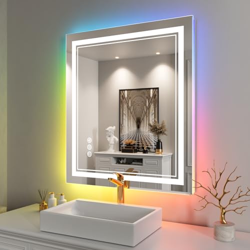 28x32 Inch RGB LED Bathroom Mirror with Lights | Front and RGB Backlit, Dimmable, Memory, Anti Fog, Shatterproof, Horizontal/Vertical, Lighted Mirrors for Bathroom Wall - color: Rgb Backlit, size: 28"L x 32"W