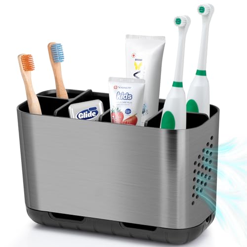 Boperzi Toothbrush and Toothpaste Holder Brushed Nickel Drainage for Bathroom Vanity, Large Electric Toothbrush Storage Caddy Anti-Slip Rustic with Adjustable Dividers for Family, Kids - color: Brush Nickel+black