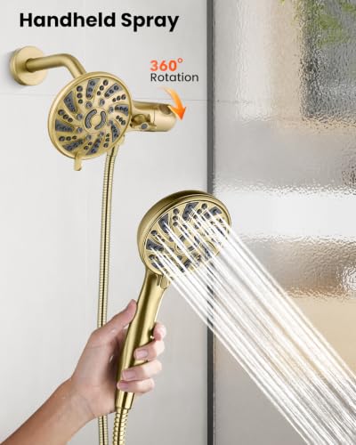gotonovo Dual Shower Head Kit with Valve 6 Mode Handheld Brushed Gold | 6 Mode ABS Rain Head 6 Mode ABS Handheld Spray 2 in 1 Bathroom Trim Kit Pressure Balance Valve Shower Head and Handle Set - color: Gold