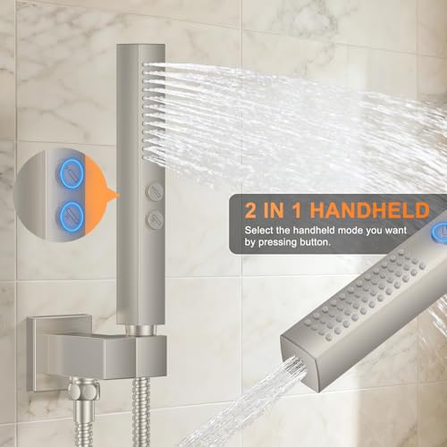 Brushed Nickel Shower System with Tub Spout, Ceiling Mounted Bathtub Shower Faucet Set, 12" Rainfall Shower Head and Handheld Shower Combo, High Pressure Shower Fixtures Set with Rough-in Valve - color: Brushed Nickel, style: 12" Ceiling Mounted Shower Sy