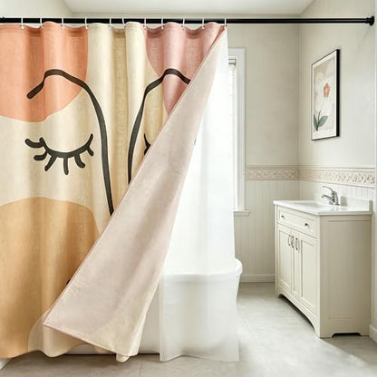 Gentle Smiling Face Linen Shower Curtain Set with Liner,72" Wx72 L | Double Layer Shower Curtain Waterproof Fabric with Zippered Removable PEVA Liner,Boho Shower Curtain for Bathroom,Free Hooks - color: Abstract Face