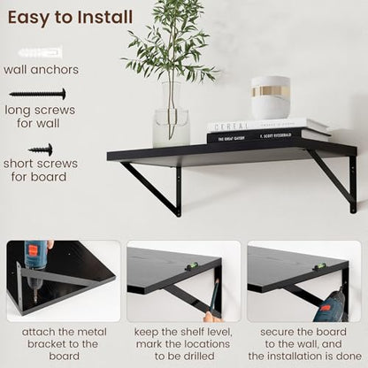 Deep Floating Shelves Black- 24 Inch Wide x 12 Inch Deep Wall Shelves Set of 2 - Black Wood Wall Shelves for Living Room Bedroom Laundry Room - color: Black, size: 24W x 12D