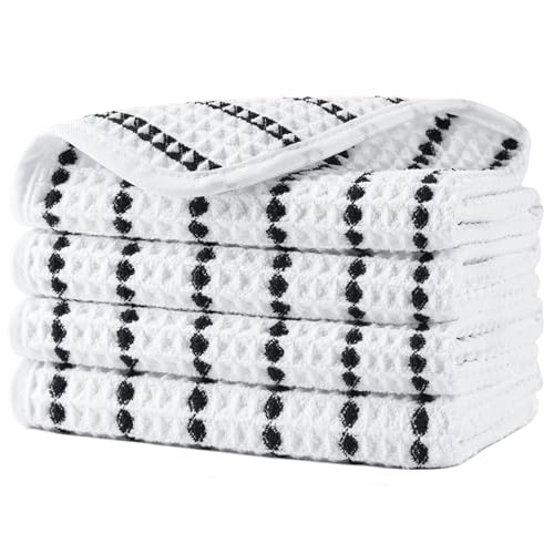 POLYTE 430 GSM Microfiber Lint Free Washcloth Face Towel, 13 x 13 in, 4 Pack (Waffle Weave) - color: White/Black
