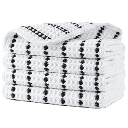 POLYTE 430 GSM Microfiber Lint Free Washcloth Face Towel, 13 x 13 in, 4 Pack (Waffle Weave) - color: White/Black