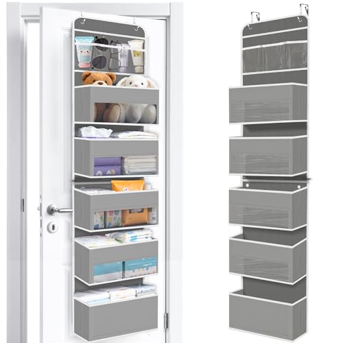 Over The Door Organizer Storage behind Door Hanging Organizer for Nursery | 6 Tier, Detachable, Clear Window, Sturdy Construction, Space-Saving Storage for Closet, Bedroom, Bathroom & Nursery - color: Grey, size: 6-Tier