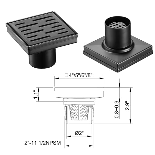 Square Shower Drain 4 inch, Matte Black 304 Stainless Steel Floor Drain for Bathroom, Removable Tile Insert Grate Includes Hair Strainer - color: Matte Black