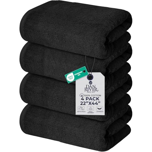 DAN RIVER 4 Pack Cotton Bath Towels 22x44 Inches, Black | Lightweight, Absorbent, Super Quick Dry towels, Soft & Durable Thick Body Towels for Home, Gym and Spa - color: Black, size: Bath Towel (22X44)