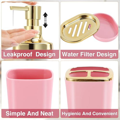 XLHOMO Pink Bathroom Accessories Set 8 Piece Pink and Gold Bathroom Set, Bathroom Sets with Stainless Steel Trash Can,Toilet Brush,Toothbrush Set,Soap Dispenser - size: Pink, style: Bath Set
