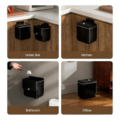 Large 3.2 Gallon Compost Bin, Under Sink Trash Can with Lid, Hanging Waste Cabinet for Office Kitchen Cupboard Bathroom Bedroom, Both Black - color: Pure Black