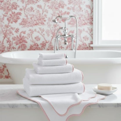 Lotus Linen Scallop Piping Towel Set of 6, 620 GSM 100% Zero Twist Cotton, 2 Bath, 2 Hand Towels, 2 Washcloths, Hanging Loops, Soft Absorbent Bathroom Essentials (Pink Piping, Towel Set (Pack of 6)) - color: Pink Piping, size: Towel Set (Pack of 6)