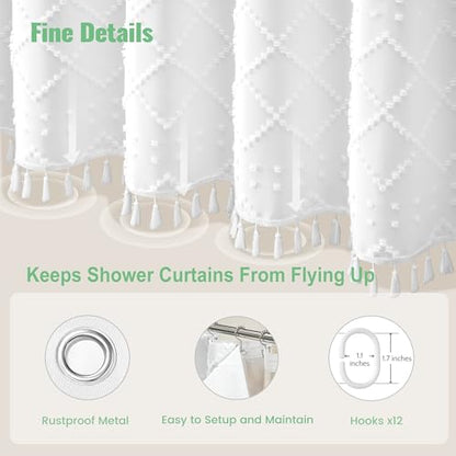 Extra Long Shower Curtain and Liner Set - 96 inch Tall Boho Shower Curtain and Waterproof Clear Liner, Tufted Geometric Striped Tassel Shower Curtains for Bathroom, 12 Hooks, 72x96, White - color: White, size: 72"W x 96"L (Pack of 1)
